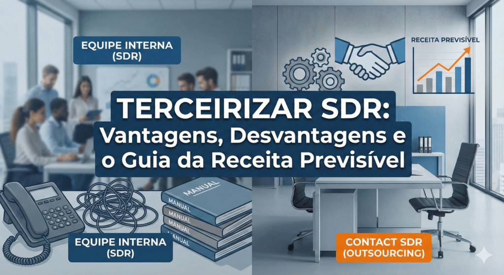 O título central diz "TERCEIRIZAR SDR: Vantagens, Desvantagens e o Guia da Receita Previsível". O lado esquerdo, rotulado "Equipe Interna (SDR)", mostra um escritório com um telefone de fios emaranhados e pilhas de manuais. O lado direito, rotulado "Contact SDR (Outsourcing)", mostra um ambiente limpo com ícones de parceria (aperto de mão com engrenagens) e um gráfico de crescimento indicado como "Receita Previsível".