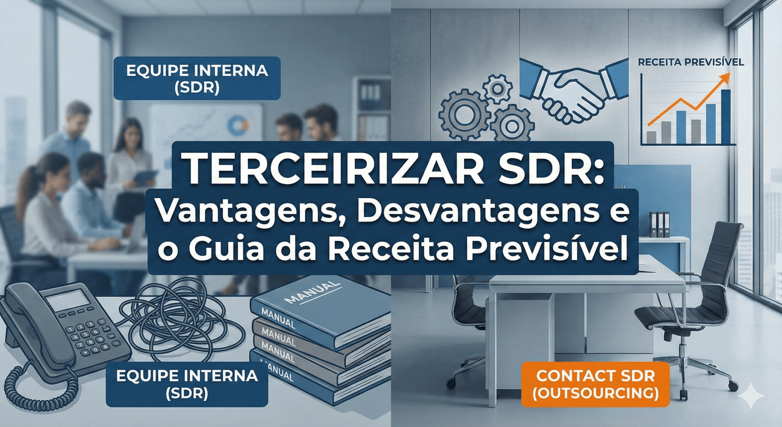 O título central diz "TERCEIRIZAR SDR: Vantagens, Desvantagens e o Guia da Receita Previsível". O lado esquerdo, rotulado "Equipe Interna (SDR)", mostra um escritório com um telefone de fios emaranhados e pilhas de manuais. O lado direito, rotulado "Contact SDR (Outsourcing)", mostra um ambiente limpo com ícones de parceria (aperto de mão com engrenagens) e um gráfico de crescimento indicado como "Receita Previsível".