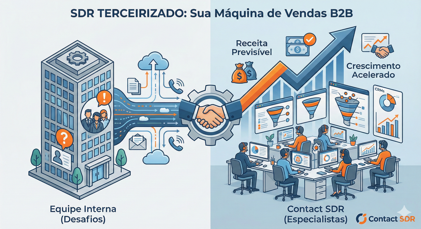 Infográfico comparativo com o título "SDR TERCEIRIZADO: Sua Máquina de Vendas B2B". O lado esquerdo ilustra os "Desafios" de uma equipe interna pequena com dificuldades de contratação. O lado direito mostra a solução "Contact SDR (Especialistas)", uma operação de outsourcing tecnológica com vários SDRs, que gera "Receita Previsível" e "Crescimento Acelerado", representados por gráficos de alta e funis de vendas em um ambiente de call center moderno.