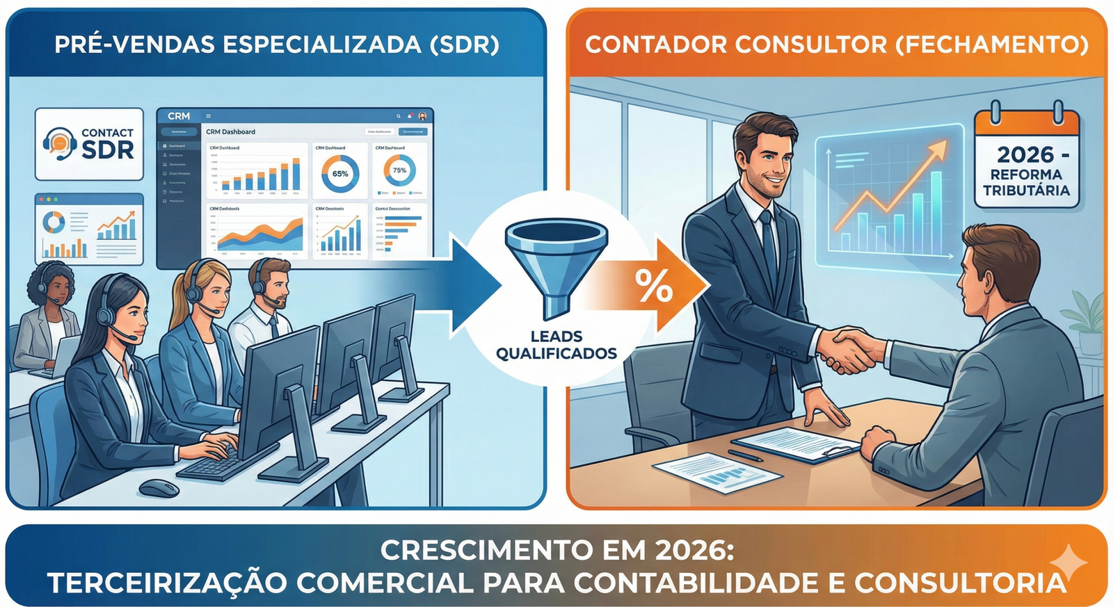 Ilustração do fluxo de terceirização comercial para contabilidade e consultoria tributária, conectando a equipe de SDR da Contact SDR a empresários que buscam recuperação de crédito e elisão fiscal.