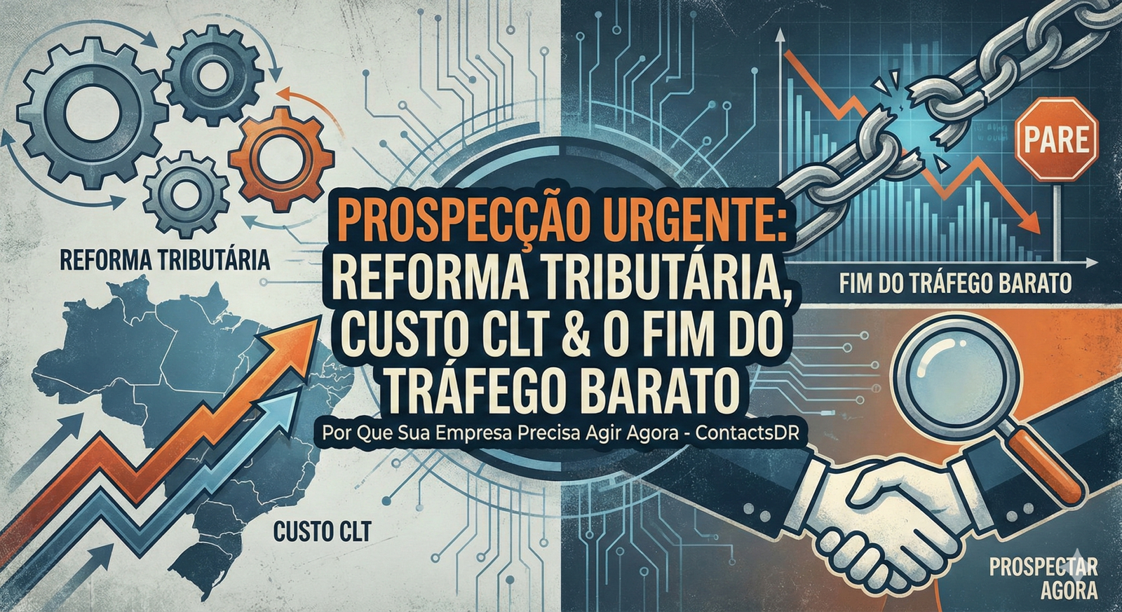Ilustração de destaque do artigo com o título: Prospecção Urgente: Reforma Tributária, Custo CLT e o Fim do Tráfego Barato. A imagem exibe elementos de negócios como engrenagens, mapa do Brasil e um aperto de mão, simbolizando a necessidade de prospecção ativa no novo cenário econômico.