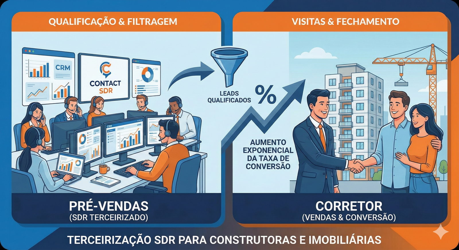 Infográfico ilustrando o fluxo de Terceirização de SDR para Construtoras e Imobiliárias: à esquerda, equipe de pré-vendas da Contact SDR qualificando leads; à direita, corretor de imóveis fechando venda com clientes em frente a um empreendimento, demonstrando o aumento exponencial da taxa de conversão.
