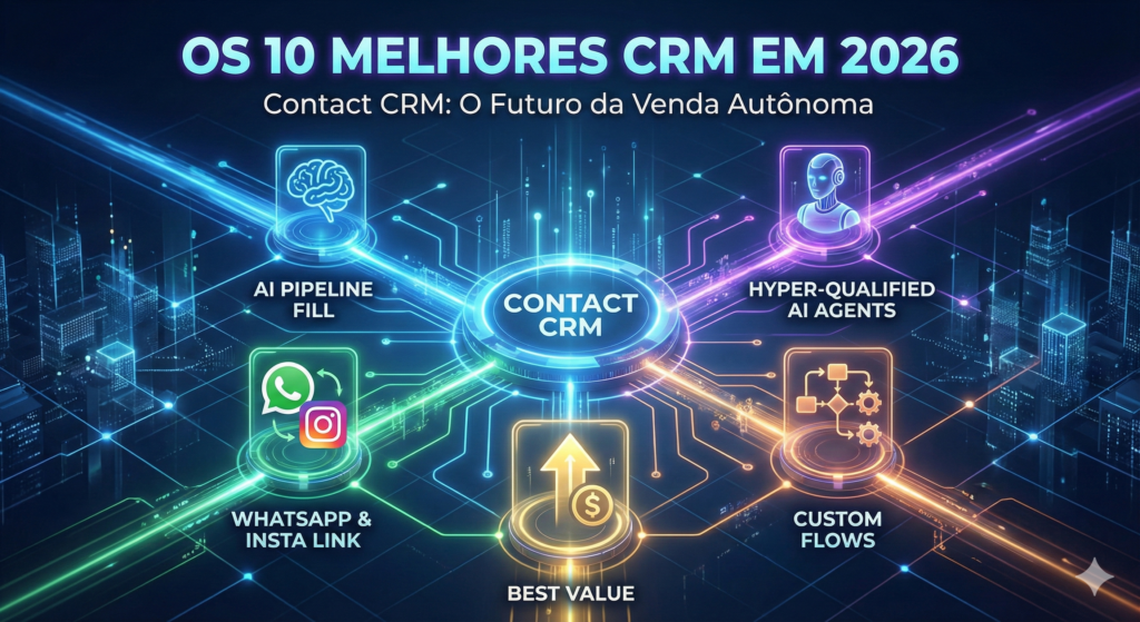 Infográfico futurista em estilo neon destacando o Contact CRM como líder entre os 10 melhores CRMs de 2026. A imagem exibe ícones de Inteligência Artificial preenchendo o pipeline, integração com WhatsApp e Instagram, agentes de IA qualificados e fluxos de automação personalizados sobre um fundo de cidade digital conectada.