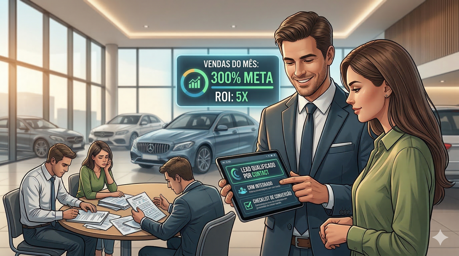 Vendedor de carros atendendo uma cliente, dentro da concessionaria, conseguindo vender 3x mais, graças a Contact SDR e a terceirização SDR