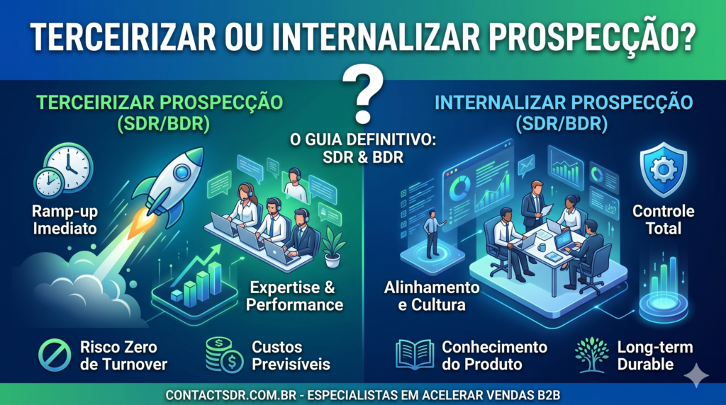 Comparativo entre internalizar e terceirizar a prospecção, com um resumos dos principais pontos